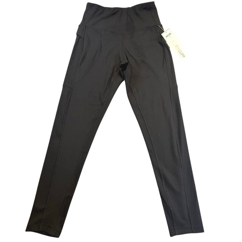 BSP Women Black High Waist Active Leggings with Media Pockets Size Small NWT‎